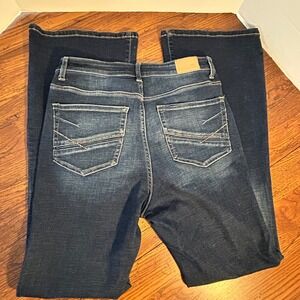 BKE High Rise Flare Jeans Dark Wash Distressed Stretch Denim Womens 29x33.5"